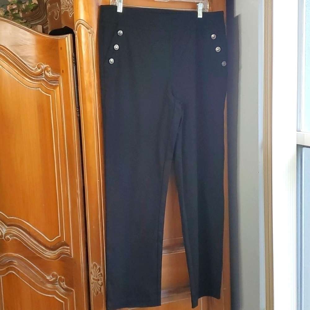 Fit Sight, women's black stretch pants. Size 14. 6 decorative‎ silver buttons.